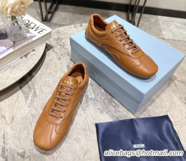 Pretty Style Prada Antiqued Leather Sneakers Light Brown 2025 PR053004
