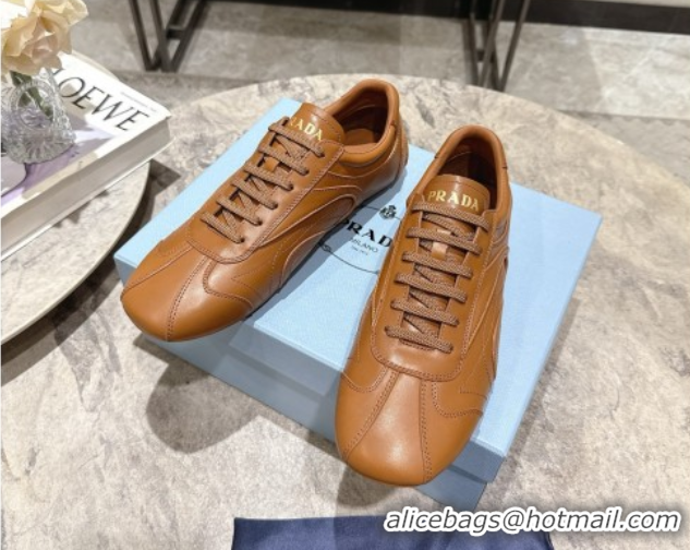 Pretty Style Prada Antiqued Leather Sneakers Light Brown 2025 PR053004