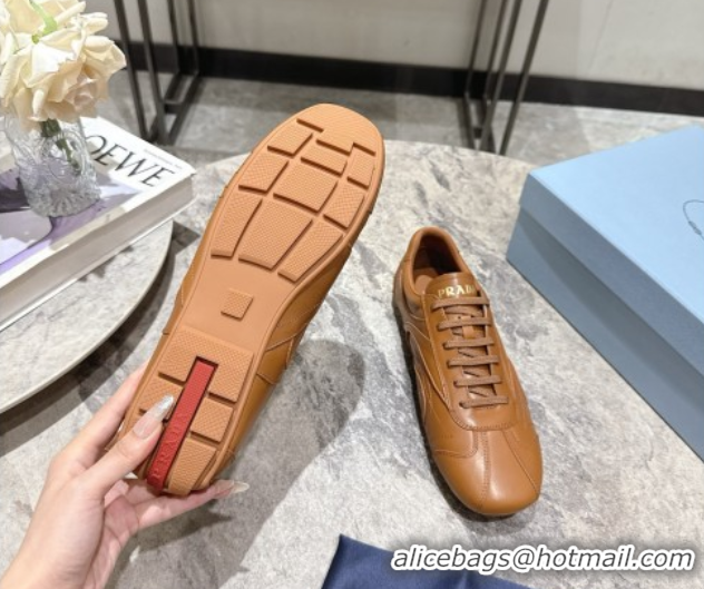 Pretty Style Prada Antiqued Leather Sneakers Light Brown 2025 PR053004