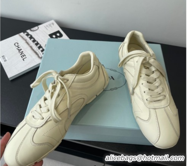 Good Quality Prada Antiqued Leather Sneakers Cream White 2025 PR053004
