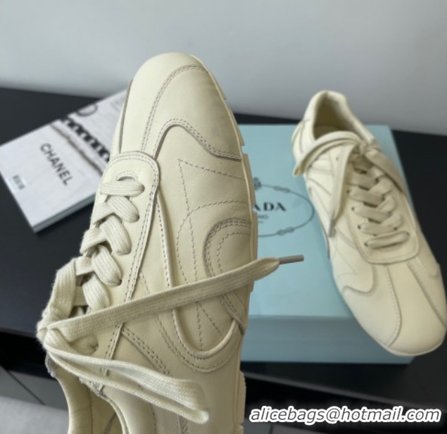Good Quality Prada Antiqued Leather Sneakers Cream White 2025 PR053004