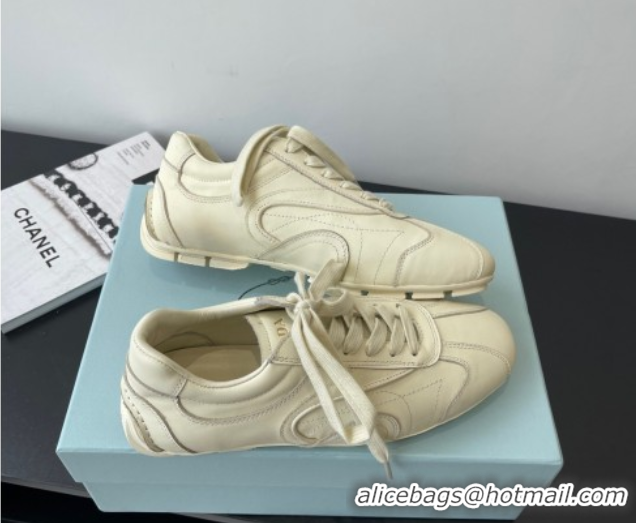 Good Quality Prada Antiqued Leather Sneakers Cream White 2025 PR053004