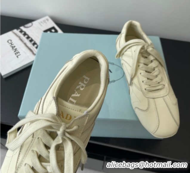 Good Quality Prada Antiqued Leather Sneakers Cream White 2025 PR053004
