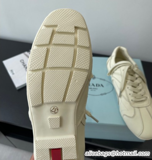 Good Quality Prada Antiqued Leather Sneakers Cream White 2025 PR053004