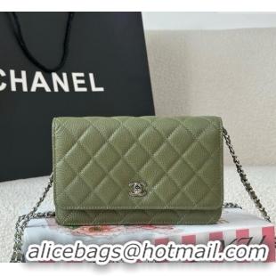 Grade Design Chanel Grained Calfskin Classic Wallet on Chain WOC AP4241 Khaki Green/Silver 2025