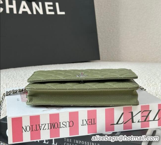 Grade Design Chanel Grained Calfskin Classic Wallet on Chain WOC AP4241 Khaki Green/Silver 2025