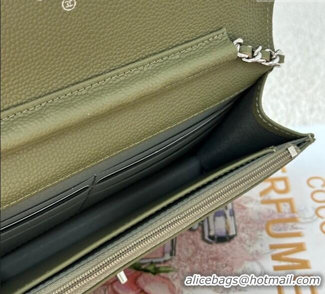 Grade Design Chanel Grained Calfskin Classic Wallet on Chain WOC AP4241 Khaki Green/Silver 2025