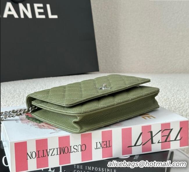 Grade Design Chanel Grained Calfskin Classic Wallet on Chain WOC AP4241 Khaki Green/Silver 2025