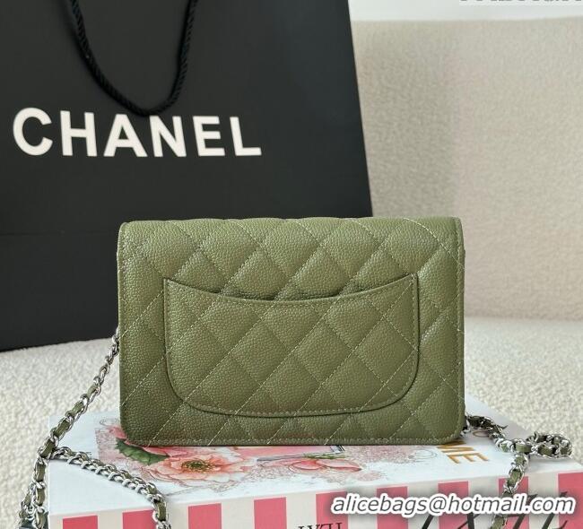 Grade Design Chanel Grained Calfskin Classic Wallet on Chain WOC AP4241 Khaki Green/Silver 2025