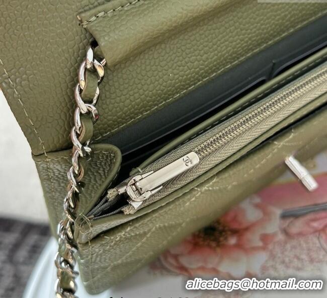 Grade Design Chanel Grained Calfskin Classic Wallet on Chain WOC AP4241 Khaki Green/Silver 2025