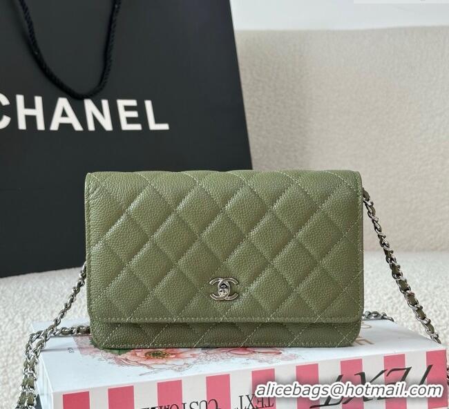 Grade Design Chanel Grained Calfskin Classic Wallet on Chain WOC AP4241 Khaki Green/Silver 2025
