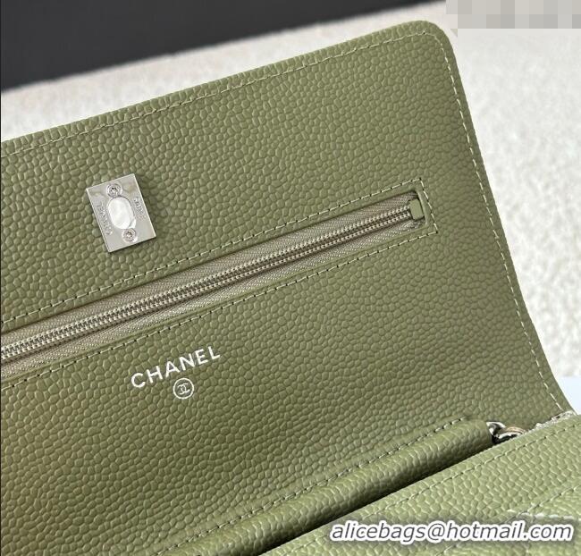Grade Design Chanel Grained Calfskin Classic Wallet on Chain WOC AP4241 Khaki Green/Silver 2025