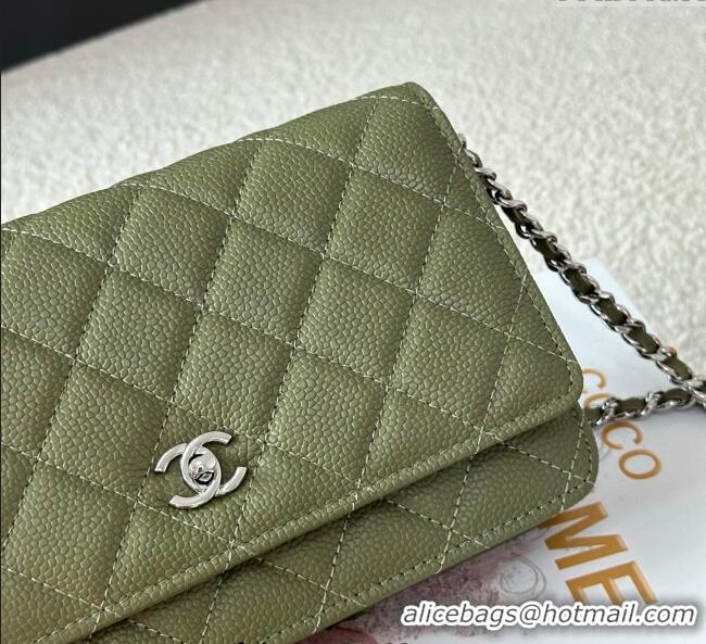 Grade Design Chanel Grained Calfskin Classic Wallet on Chain WOC AP4241 Khaki Green/Silver 2025