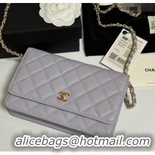 Luxury Cheap Chanel Grained Shiny Calfskin Classic Wallet on Chain WOC AP4241 Pale Purple 2025