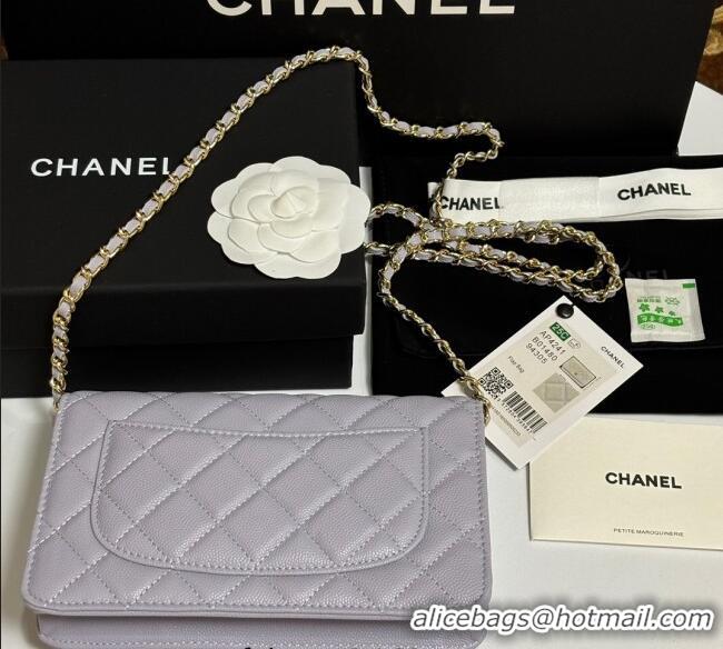 Luxury Cheap Chanel Grained Shiny Calfskin Classic Wallet on Chain WOC AP4241 Pale Purple 2025