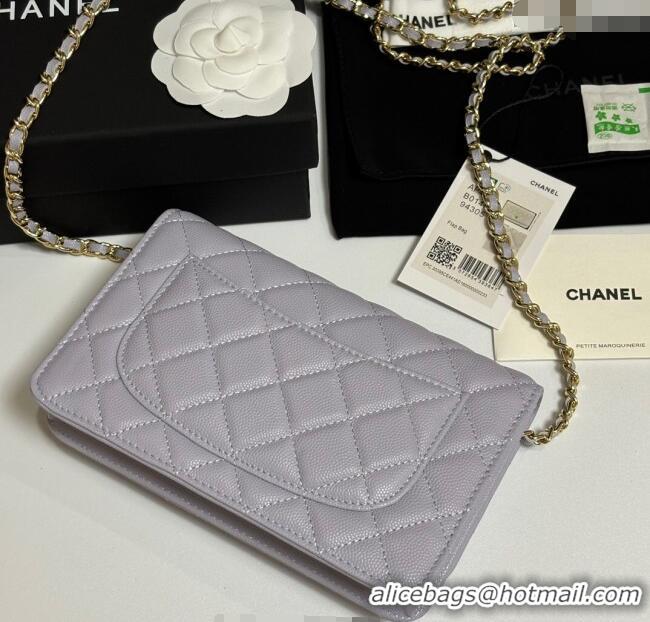 Luxury Cheap Chanel Grained Shiny Calfskin Classic Wallet on Chain WOC AP4241 Pale Purple 2025