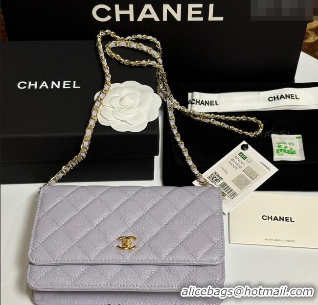 Luxury Cheap Chanel Grained Shiny Calfskin Classic Wallet on Chain WOC AP4241 Pale Purple 2025