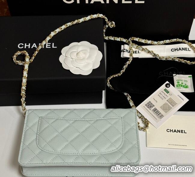 Top Design Chanel Grained Shiny Calfskin Classic Wallet on Chain WOC AP4241 Pale Green 2025