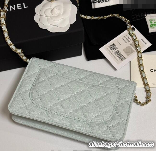 Top Design Chanel Grained Shiny Calfskin Classic Wallet on Chain WOC AP4241 Pale Green 2025