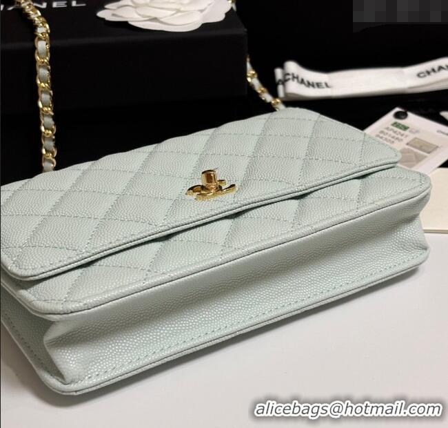 Top Design Chanel Grained Shiny Calfskin Classic Wallet on Chain WOC AP4241 Pale Green 2025