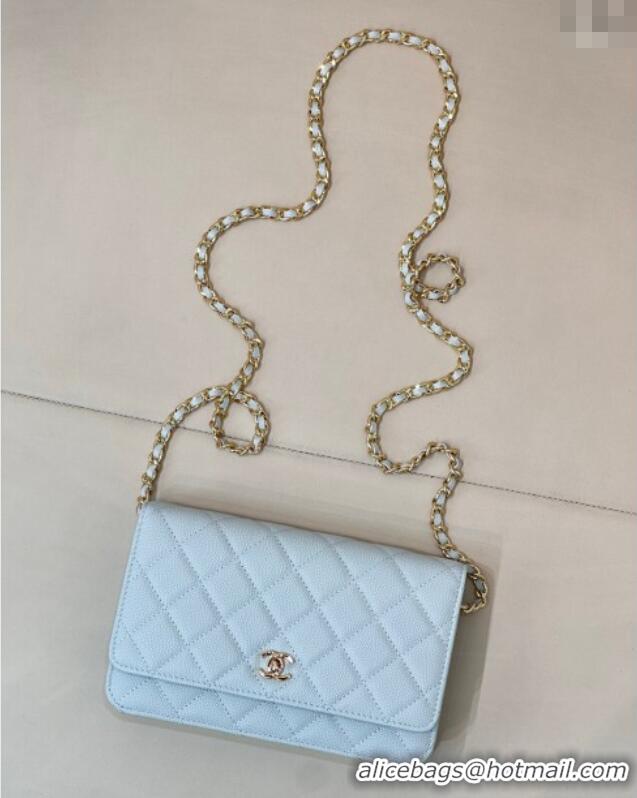 Best Product Chanel Grained Shiny Calfskin Classic Wallet on Chain WOC AP4241 Light Blue 2025