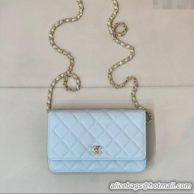 Best Product Chanel Grained Shiny Calfskin Classic Wallet on Chain WOC AP4241 Light Blue 2025