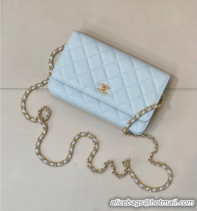Best Product Chanel Grained Shiny Calfskin Classic Wallet on Chain WOC AP4241 Light Blue 2025