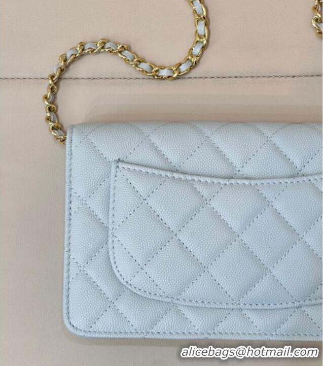 Best Product Chanel Grained Shiny Calfskin Classic Wallet on Chain WOC AP4241 Light Blue 2025