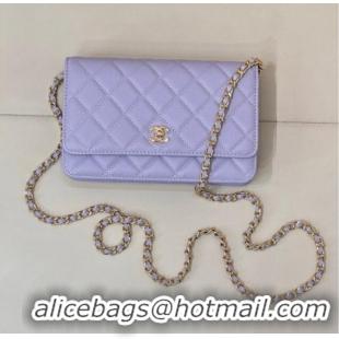 Best Design Chanel Grained Shiny Calfskin Classic Wallet on Chain WOC AP4241 Light Purple 2025