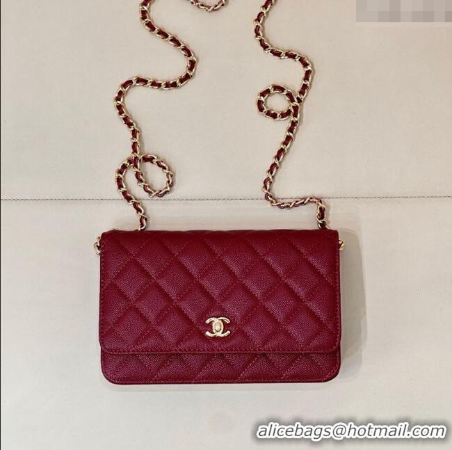 Low Cost Chanel Grained Shiny Calfskin Classic Wallet on Chain WOC AP4241 Dark Burgundy 2025