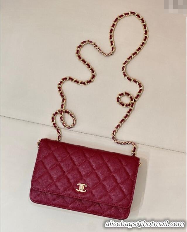 Low Cost Chanel Grained Shiny Calfskin Classic Wallet on Chain WOC AP4241 Dark Burgundy 2025