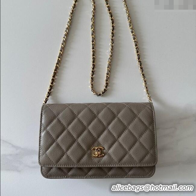 Luxury Cheap Chanel Grained Shiny Calfskin Classic Wallet on Chain WOC AP4241 Grey/Gold