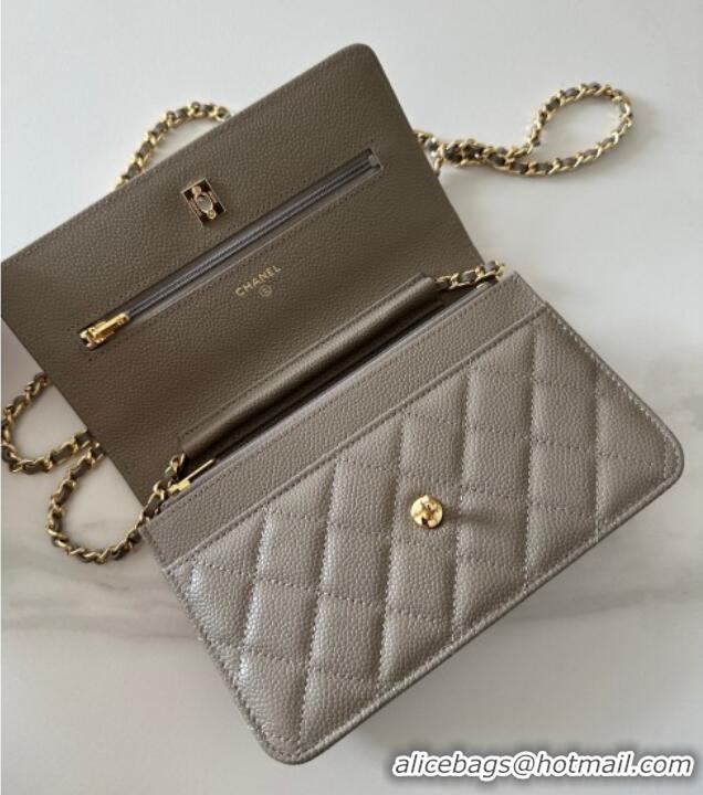 Luxury Cheap Chanel Grained Shiny Calfskin Classic Wallet on Chain WOC AP4241 Grey/Gold