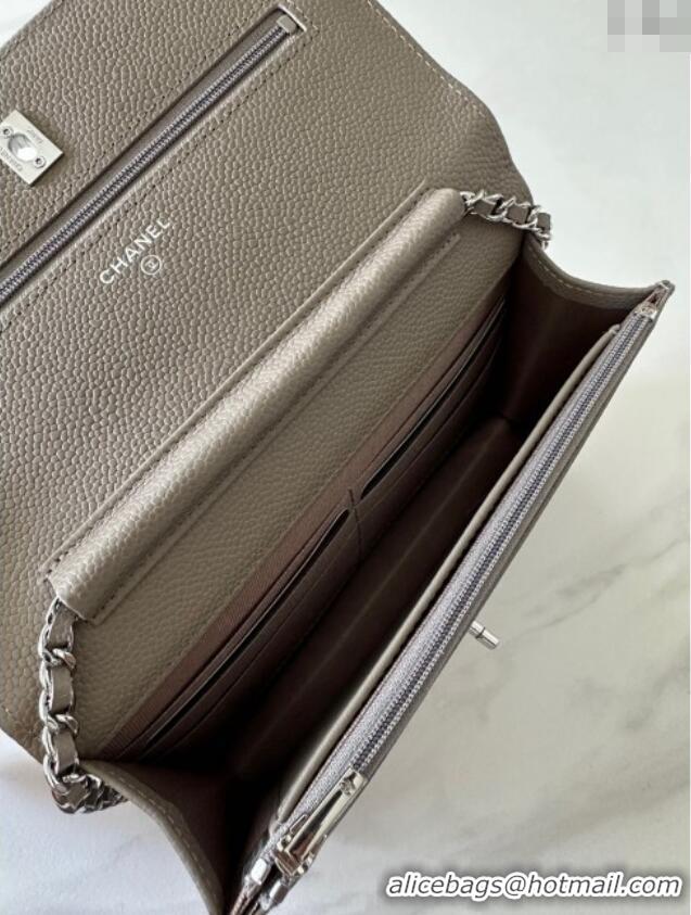 Best Price Chanel Grained Shiny Calfskin Classic Wallet on Chain WOC AP4241 Grey/Silver 2025