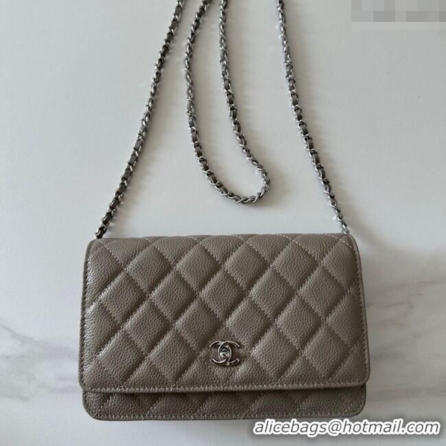 Best Price Chanel Grained Shiny Calfskin Classic Wallet on Chain WOC AP4241 Grey/Silver 2025