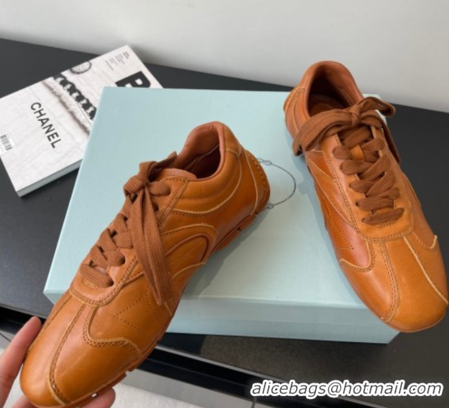 Unique Style Prada Antiqued Leather Sneakers Brown2 2025 PR053004