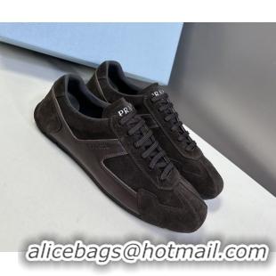 Grade Quality Prada Antiqued Leather and Suede Sneakers Dark Brown 2025 PR060301