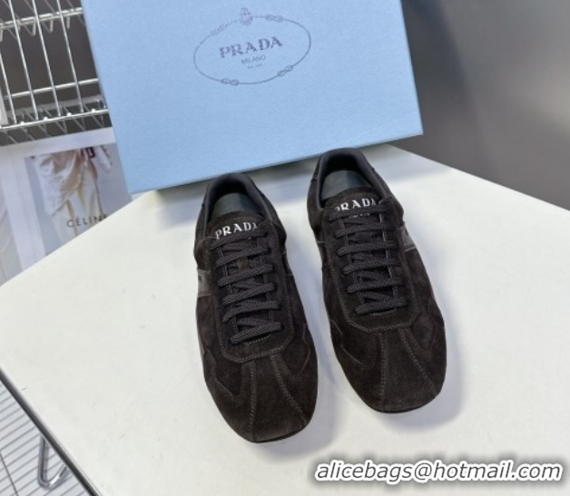 Grade Quality Prada Antiqued Leather and Suede Sneakers Dark Brown 2025 PR060301