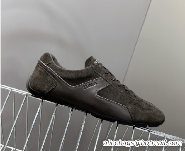 Grade Quality Prada Antiqued Leather and Suede Sneakers Dark Brown 2025 PR060301