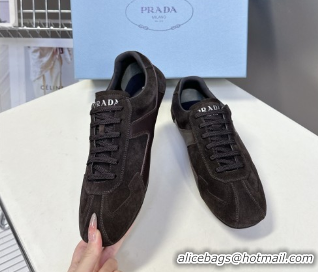 Grade Quality Prada Antiqued Leather and Suede Sneakers Dark Brown 2025 PR060301