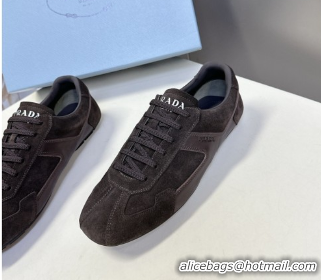 Grade Quality Prada Antiqued Leather and Suede Sneakers Dark Brown 2025 PR060301