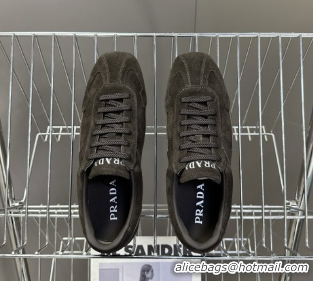 Grade Quality Prada Antiqued Leather and Suede Sneakers Dark Brown 2025 PR060301