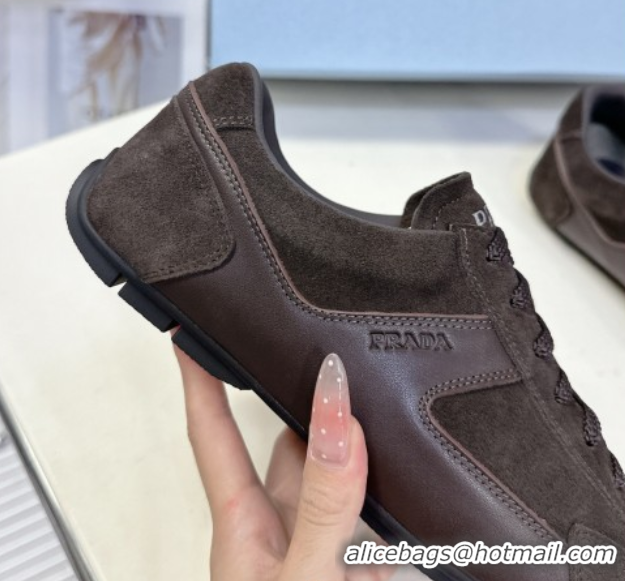 Grade Quality Prada Antiqued Leather and Suede Sneakers Dark Brown 2025 PR060301