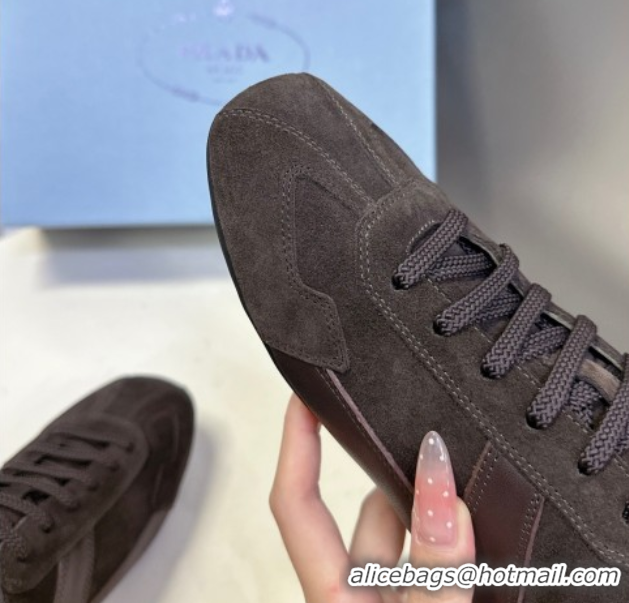 Grade Quality Prada Antiqued Leather and Suede Sneakers Dark Brown 2025 PR060301