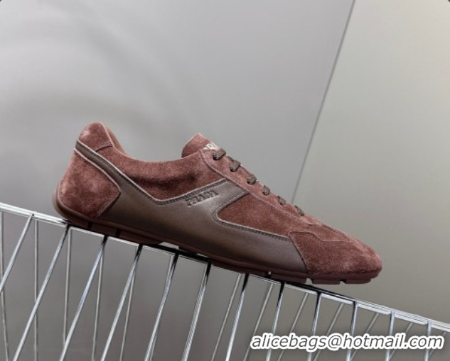 Pretty Style Prada Antiqued Leather and Suede Sneakers Brown2 2025 PR060301