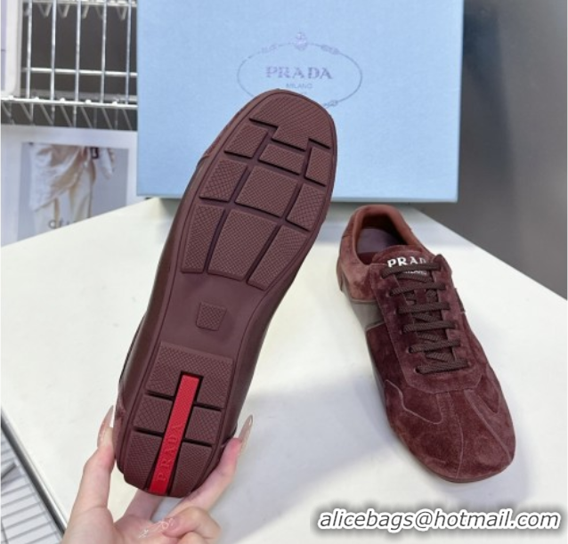 Pretty Style Prada Antiqued Leather and Suede Sneakers Brown2 2025 PR060301