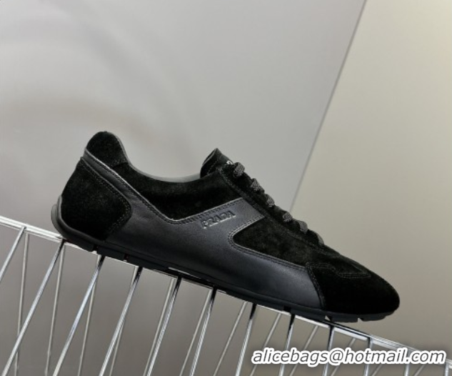 Best Product Prada Antiqued Leather and Suede Sneakers Black 2025 PR060301