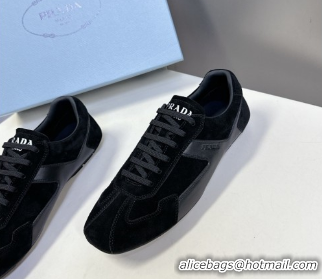 Best Product Prada Antiqued Leather and Suede Sneakers Black 2025 PR060301