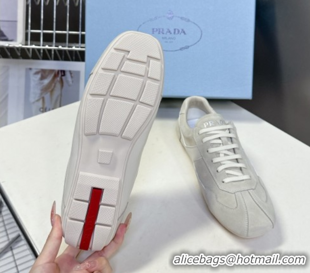 Perfect Prada Antiqued Leather and Suede Sneakers White 2025 PR060301