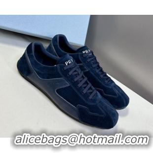 Top Grade Prada Antiqued Leather and Suede Sneakers Dark Blue 2025 PR060301